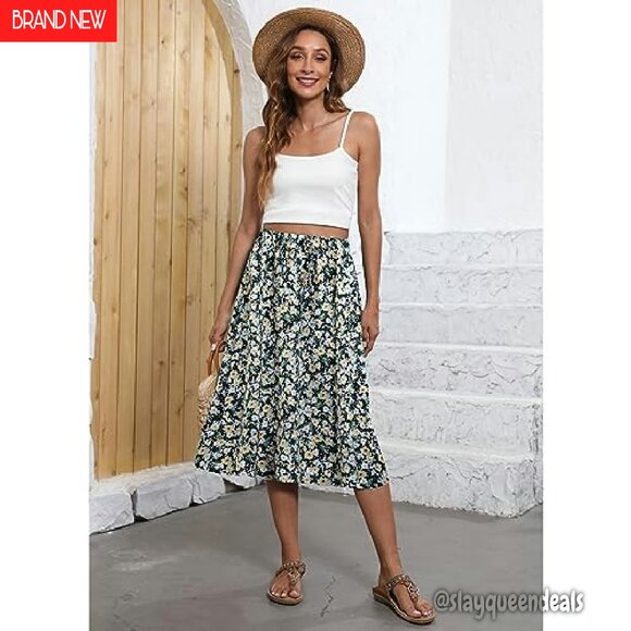 Flowy Midi Skirt High Waist Elastic A-Line with Pockets Boho Chic - Picture 7 of 8
